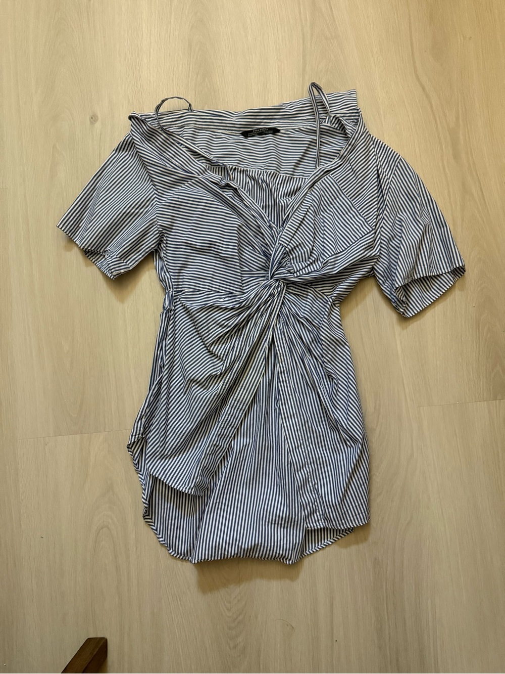 Zara Blue and White Striped Twist-Front Short Sleeve Top